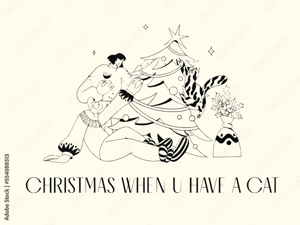 Fototapeta premium Funny Santa Claus Merry Christmas Tree Bear illustration Line art Happy New Year Celebration Snowman Cute Cat Holidays Background Santa Gift Postcard Website illustration