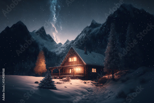 Cozy cabin in winter mountains with lit windows. Beautiful night landscape. AI 