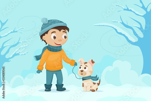 A child walks with his dog in the winter in the park. Cute flat illustration. Dog walking month