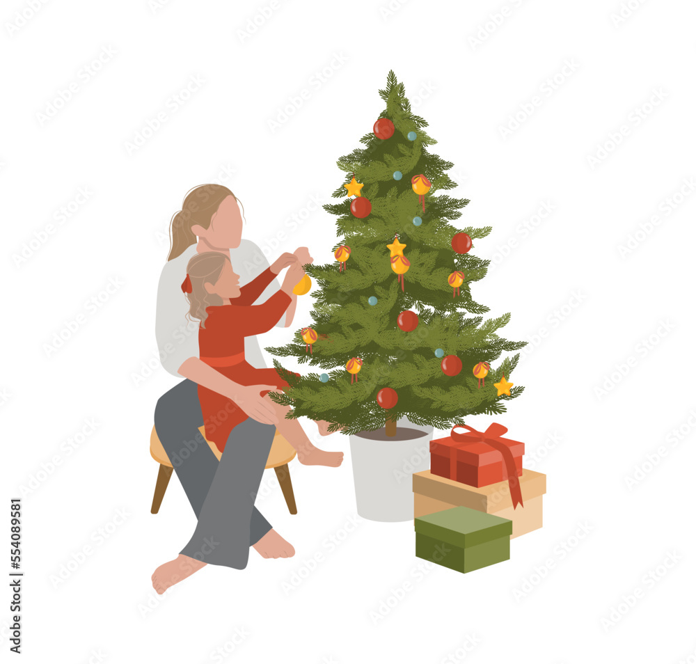 family, winter holidays and people concept - happy mother and little daughter decorating christmas tree at home.
White background
