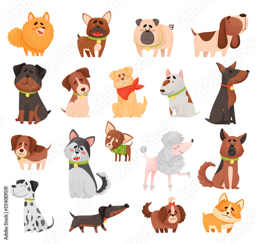 Cute Dogs and Puppy Pets of Different Breed Big Vector Set