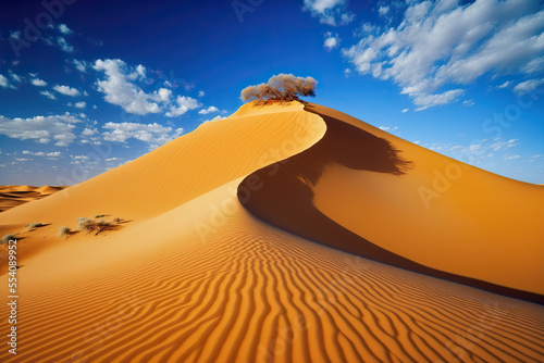 Fotografering Golden sand dunes under blue sky. Beautiful desert landscape. AI