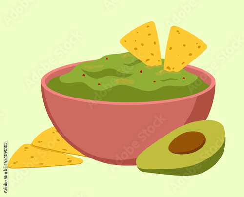 Guacamole In The Bowl With Avocado And Nachos Food Vector Illustration In Flat Style photo