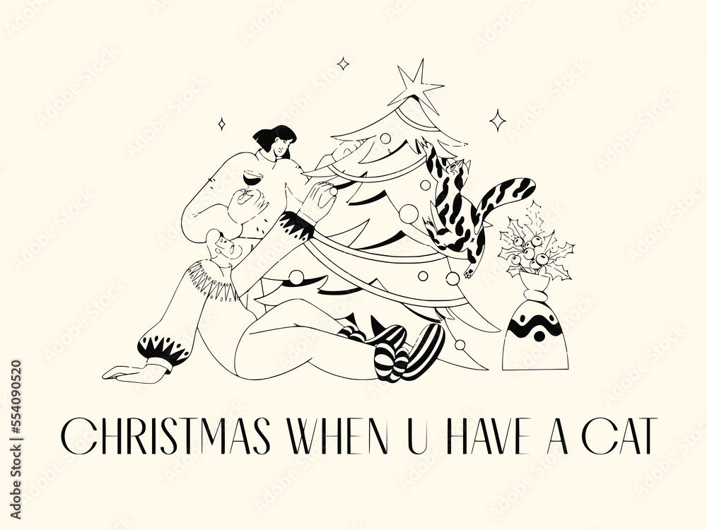Obraz premium Funny Santa Claus Merry Christmas Tree Bear illustration Line art Happy New Year Celebration Snowman Cute Cat Holidays Background Santa Gift Postcard Website illustration