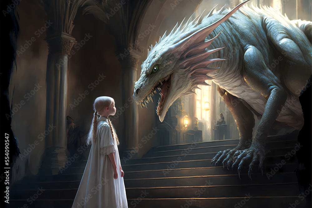 encounter of a beautiful white dragon and a girl in a robe in a great ...