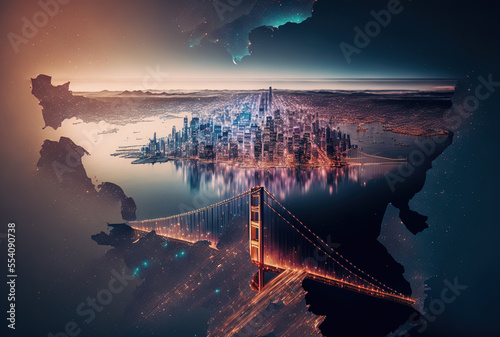 World map and a virtual social network hologram are displayed against the backdrop of San Francisco. Multiexposure. Generative AI