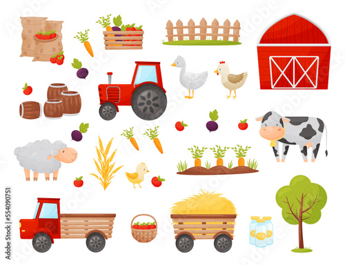 Farm Objects with Livestock, Agricultural Crops, Tractor and Barn House Big Vector Set
