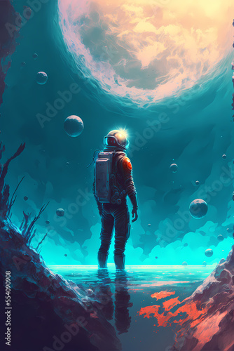 Astronaut standing backwards in a blue sea and looking in the sky at a moon at a landscape, concept art digital, illustration