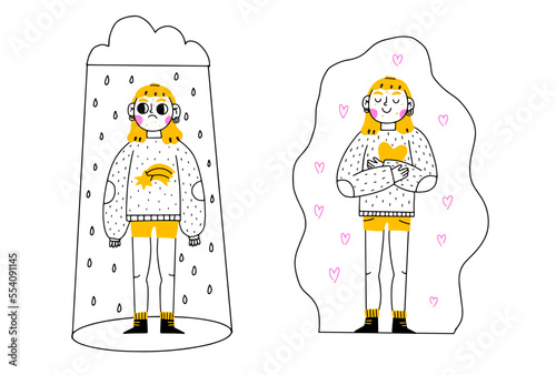 Defending personal boundaries and freedom concept. Unhappy child suffer from bullying and harassment. Young woman standing and feeling in capsule defending her own private personal boundaries.
