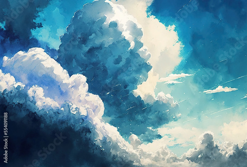 Blue sky with white clouds in watercolor. Generative AI