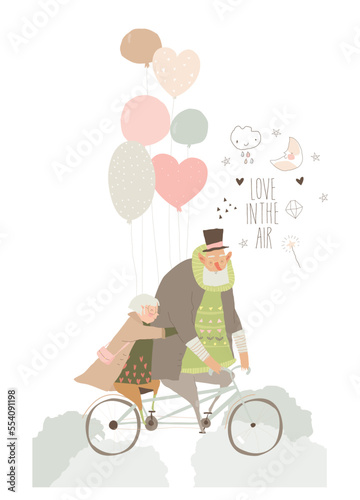 Elderly couple riding bicycle together. Old lady sits on back of cycle. Grandfather wheels grandmother on bicycle. Valentine s Card