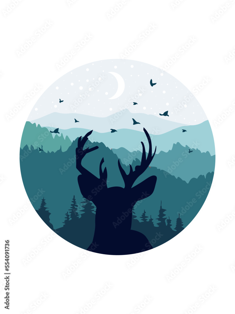 The silhouette of a deer against the backdrop of a mountainous winter landscape with a moon and a starry sky.