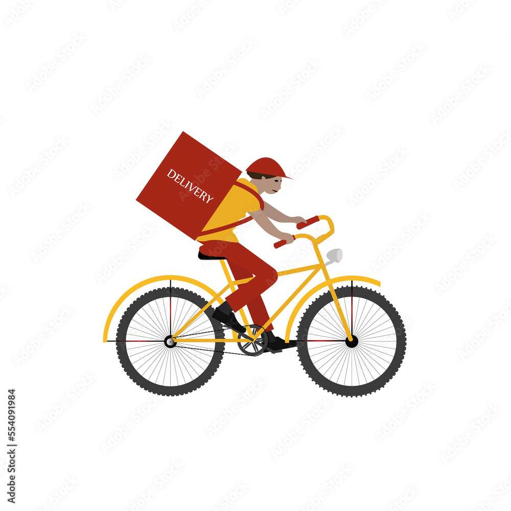 Delivering by bike. Courier by bicycle with food box. Online order and food express delivery concept. Delivery service concept