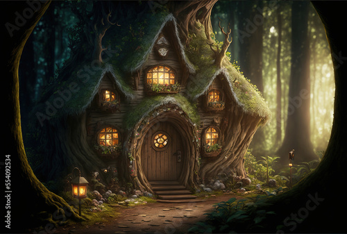 Fantasy woodland cabins and imaginary villages with fairies. Generative AI