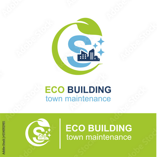 Initial S Letter Eco Building Town Maintenance Building Exterior Company Logo Design Idea Template. Home and Building Cleaning Service