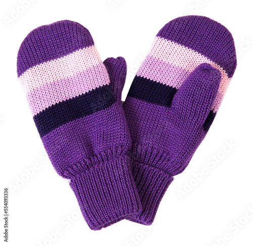 Close-up of purple knitted mittens isolated on white background