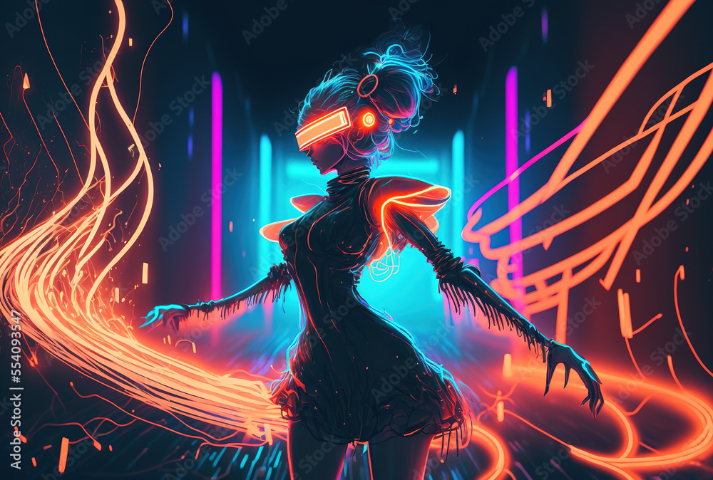 dancing girl with virtual reality glasses and neon lighting. Generative AI