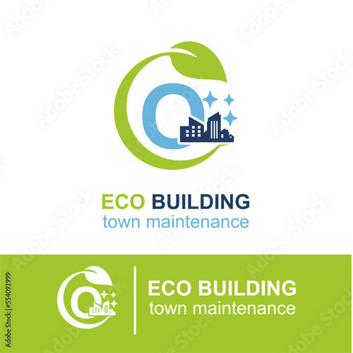 Initial O Letter Eco Building Town Maintenance Building Exterior Company Logo Design Idea Template. Home and Building Cleaning Service
