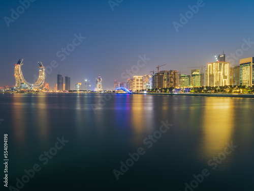 Lusail city lights and modern buildings on the beachfront in Doha  Qatar