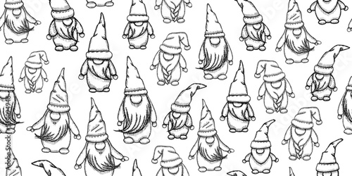 Seamless background with vector hand drawn gnomes. Funny little men in caps on a white background