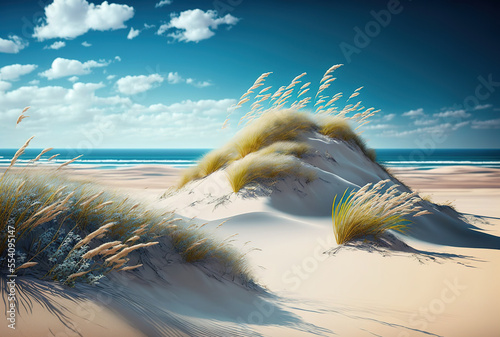 Wild beach vertical view with grass on the peak of a dune and a beautiful blue summer sky as a backdrop or screensaver for advertising. Generative AI