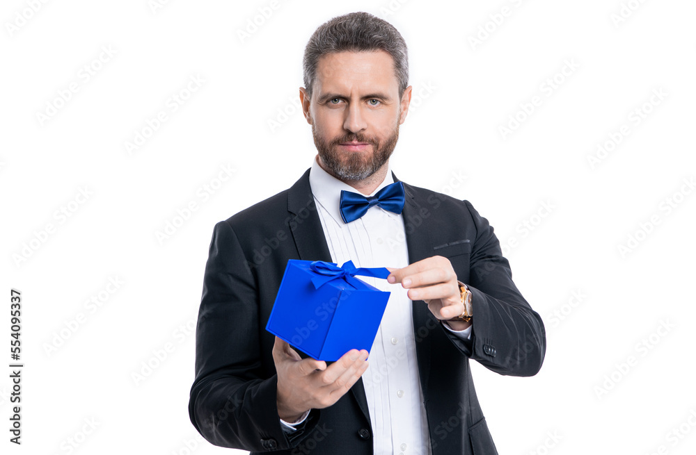 charismatic man hold occasion present box. man holding gift for occasion. tuxedo man charismatic man hold occasion present box. man holding gift for occasion. tuxedo man