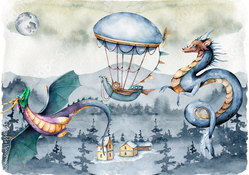 Knight, dragon and castle watercolor illustration. Fabulous mystical story of a knight. Balloon and dragon victory. Landscape design in cartoon style