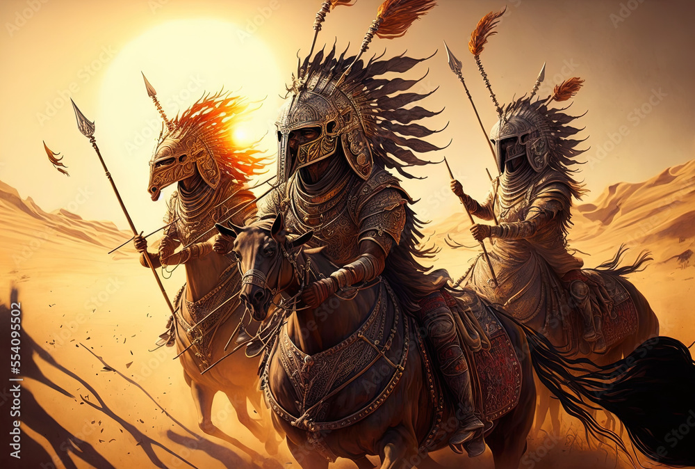 With spears and lances, a group of heavy cavalry in plate armor charges into the fray. They wear helmets shaped like crowns and have shields with the sun's symbol against a backdrop of a dusty, blazin With spears and lances, a group of heavy cavalry in plate armor charges into the fray. They wear helmets shaped like crowns and have shields with the sun's symbol against a backdrop of a dusty, blazin