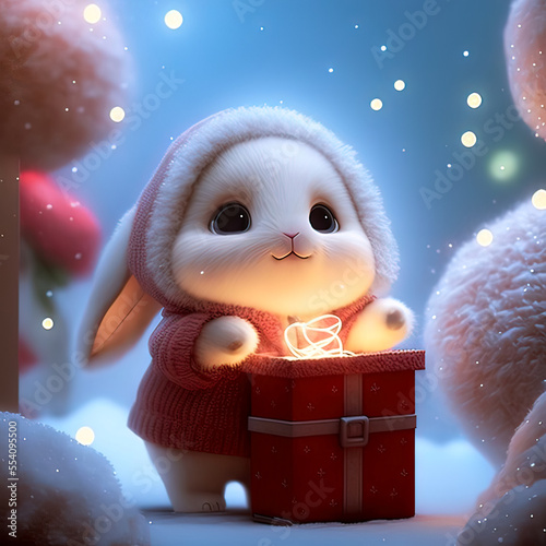 Portrait of a rabbit wearing the knitted sweater with christmas gift. Bunny sitting outdoors in the snow in winter during snowfall. Digital art. Generative AI.