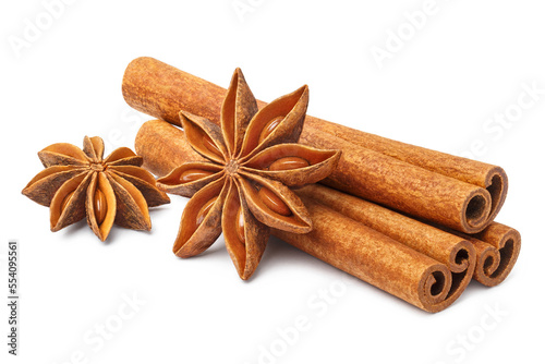 Cinnamon and star anise, isolated on white background