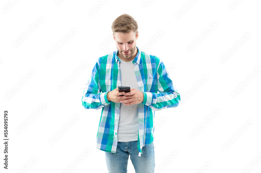busy man texting on phone wearing checkered shirt. photo of man texting on phone device busy man texting on phone wearing checkered shirt. photo of man texting on phone device