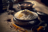 illustration of cooked Basmati rice with herb, Indian long and slender grain rice