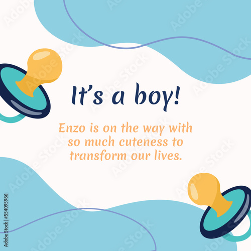 Gender reveal party invitation card. Male gender announcement post