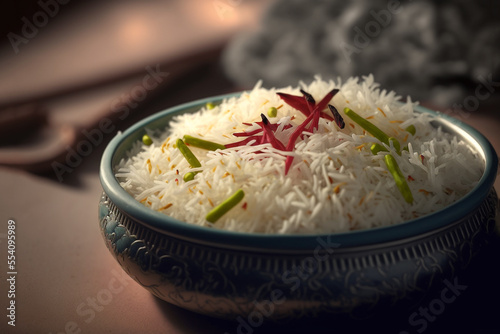 illustration of cooked Basmati rice with herb, Indian long and slender grain rice
