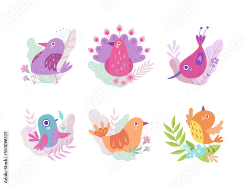 Cute Birdie Sitting in Nest of Floral Twigs Vector Set