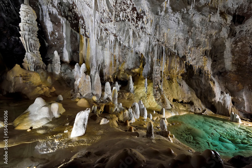 Giant stalagmite speleothems grow close to the back wall overlooking a green pool of water.; Carlsbad Caverns National Park, New Mexico. photo