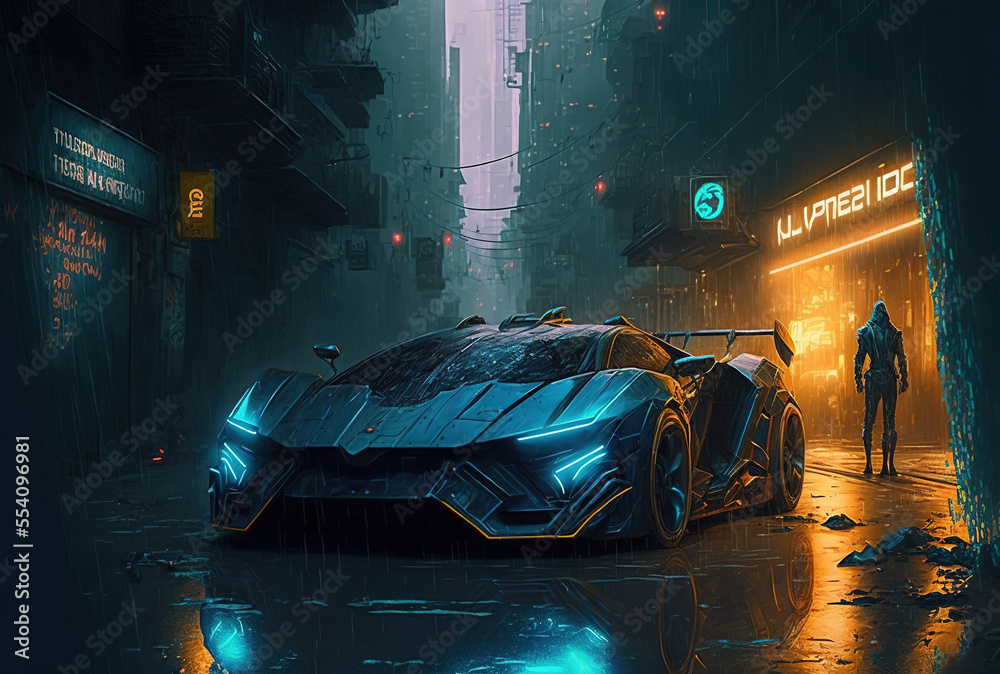 Super Exotic Car in a Cyberpunk Future City. Fanciful Background