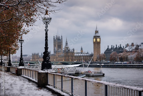 Photography The snow covered Westminster Palace and Big Ben tower in London, England, during
