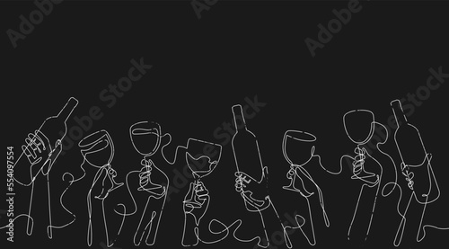 Background with bottles and glasses. Horizontal repeating seamless pattern with drinks. Party poster. Vector illustration.
