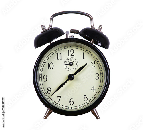 old fashioned black and white traditional alarm clock on transparent background.