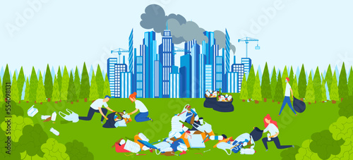 Environmental pollution, volunteers collect garbage, people clean background, design, in cartoon style vector illustration.