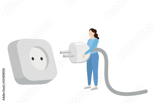A girl with a big plug in her hands stands near a huge socket, flat vector, isolate on white, compatibility, faceless illustration, save energy