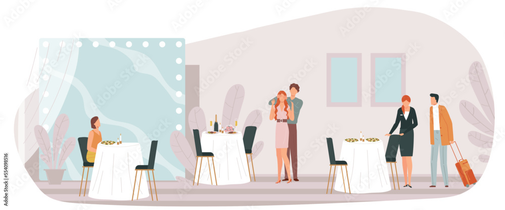 © Seahorsevector - Restaurant concept, cafe people, drink swallow interior, sitting man, rest young, design, in cartoon style vector illustration.