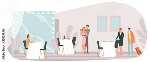 Restaurant concept  cafe people  drink swallow interior  sitting man  rest young  design  in cartoon style vector illustration.