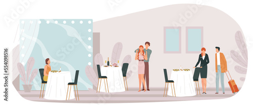 Restaurant concept, cafe people, drink swallow interior, sitting man, rest young, design, in cartoon style vector illustration.