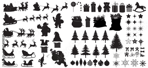 Christmas Vector black silhouette set, isolated decoration icons. Santa Claus with reindeer sleigh, trees, ornaments, presents, candy and toys and other elements.