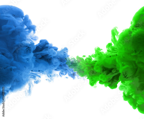 Ink blue, green color smoke wave blot on Png transparent Abstract background. © Liliia