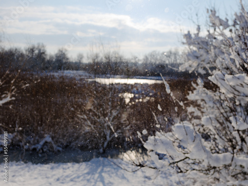small grains of snow on the background of a blurred image of a natural landscape. the background is out of focus. small specks of snow glistening in the sun on the background of a blurred natural land