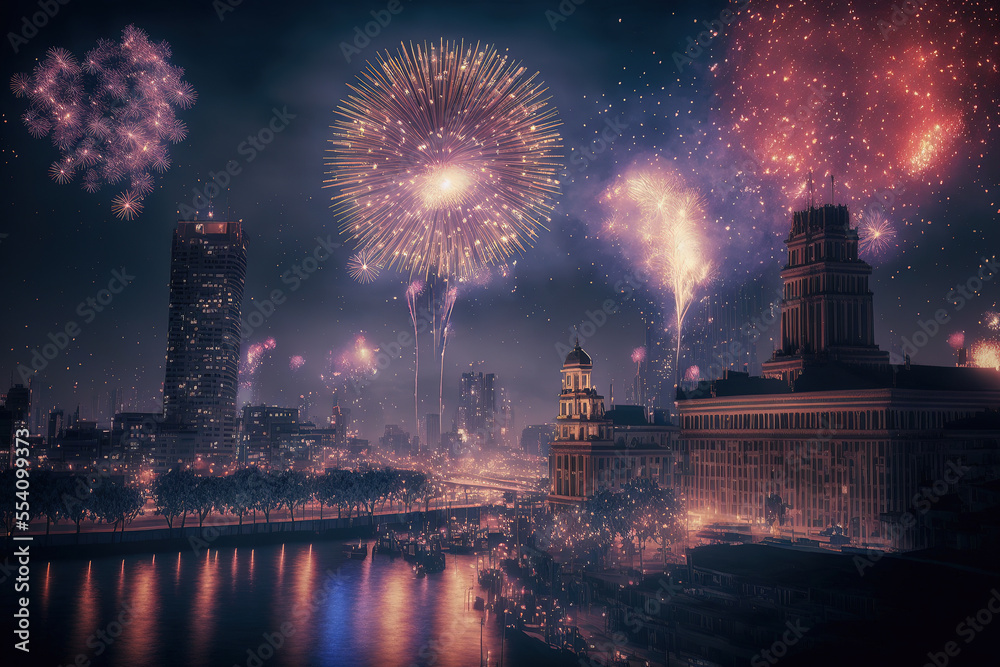 New Years Fireworks, Brightly colorful fireworks in the night city, Fireworks Arts and Cities,Wallpaper