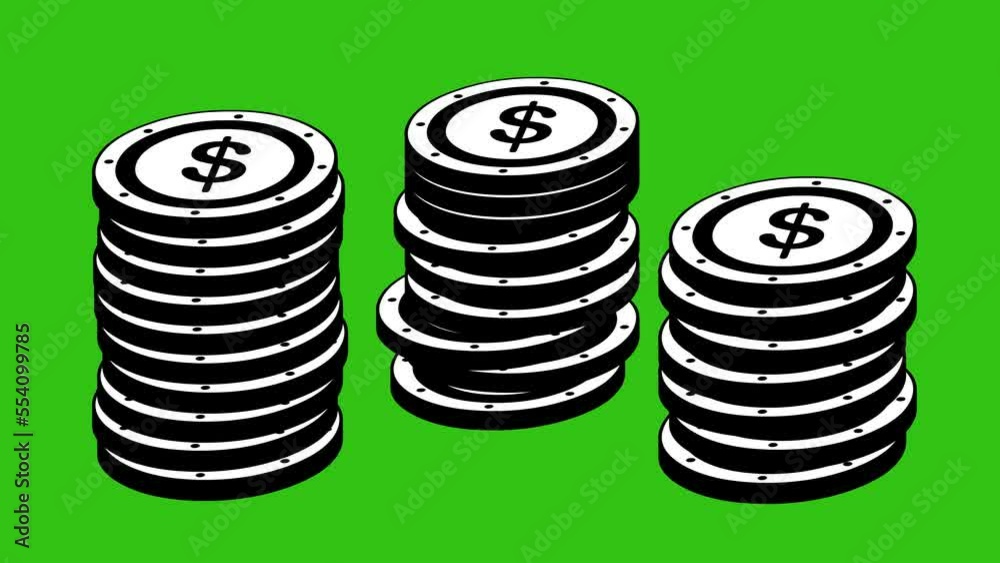 animation stack of coins drawn in black and white, on a green chroma key background